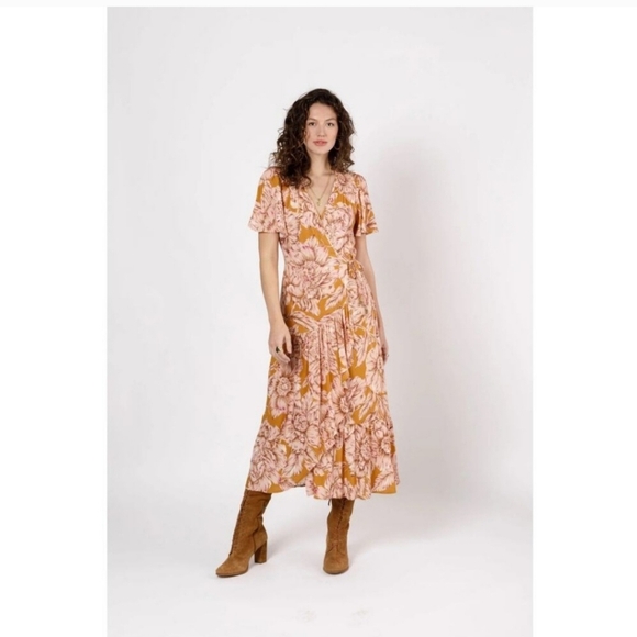Band of the Free Heather Gold Floral Maxi Wrap Dress Women's Size Large - Picture 1 of 16